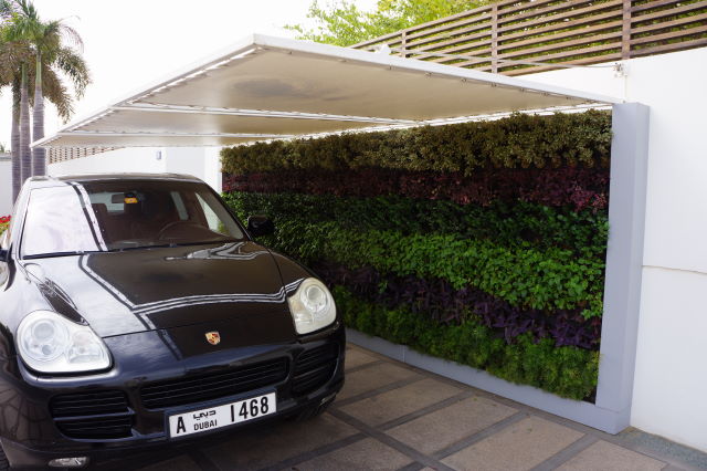 A Biotecture outdoor wall with shade canopy