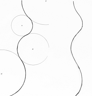 The freeform line at top left shows two possibilities: the red line is smooth, flowing, but the green line flattens across the natural line of the curve. It is still a freeform line but it no longer feels fluid and loses its sense of movement. The variation from the red line might be only a matter of inches/centimetres but it is enough to disrupt the visual flow. To make matters more complicated, there is seldom just one exact freeform line that is perfect for the situation: in the drawing below left, all of the different lines will do the same job. What determines the correct one is likely to be the relationship of it to other nearby elements. Perhaps the most common mistake is to use too many tight reverse curves - to put in too many “squiggles”, in other words. On the whole, reverse freeform curves should not be too severe or exaggerated. real-life application Let's look at how a predefined space determined the use of curvilinear form. The example at right is (part of) a beach garden I designed a few years ago. The yellow area is the boundary wall - a massive concrete sea defense wall 700mm thick. The kinks and angles in this wall left a space that provided no internal parallels and could only be fully resolved using curvilinear form. The area adjoining this (not shown) was linear in format, as the space there invited. Running all the way along the inside of this boundary wall was a seat, again of massive concrete. This needed breaking up with the introduction of planting beds, leaving small sections of seat in between. The red line represents the nearest linear form that could have been used but you can see that what it describes is naturally curvilinear in nature (the green line). Don't forget that all curves are made up of straight lines (curvi-linear)! The design uses freeform lines to reflect the boundary wall and a spiral acts as a beginning, or end, at the point where most sitting out occurs. This is what I call a “still point”, whilst the main flow of the paving, leading to the adjacent garden, I call a “line of movement”. I do not believe that this area could have been resolved so well using linear means. The main point to note, however, it that the lines had to be freeform: geometrically derived curves would not have worked, although the contractor would have preferred them! I had to assist in the setting out, but once done, a superb job of construction was carried out. The walls were rendered with a specially textured cement based render, which was ideal for the tough coastal conditions.