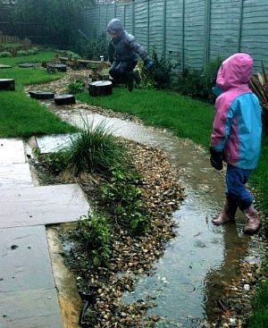 Children playing in a rain garden